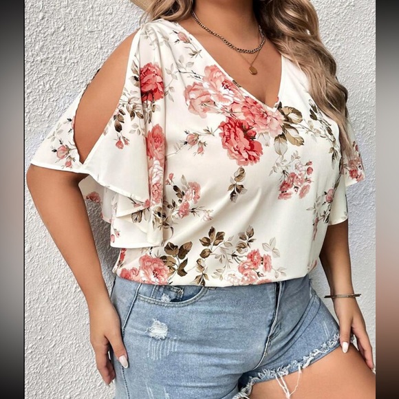 Boho Plus Size Floral Print Cut Out Cold Shoulder Top Blouse Shirt - Picture 5 of 7